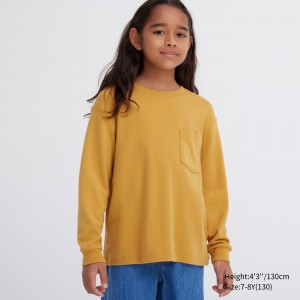 T Shirts Uniqlo Soft Brushed Cotton Crew Neck Long Sleeved T-Shirt Enfant Jaune | 6591-FOPLM