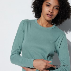 T Shirts Uniqlo Soft Ribbed Fitted Crew Neck Long Sleeved T-Shirt Femme Vert | 5372-GYQPA
