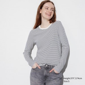 T Shirts Uniqlo Soft Ribbed Fitted Striped Crew Neck Long Sleeved T-Shirt Femme Blanche | 6749-ZOUND