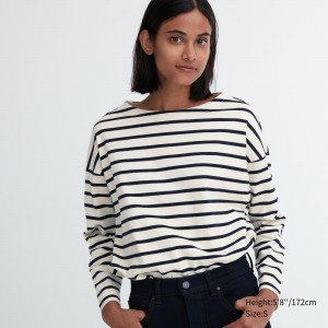 T Shirts Uniqlo Striped Long Sleeved T-Shirt Femme Blanche | 9435-UWKAN