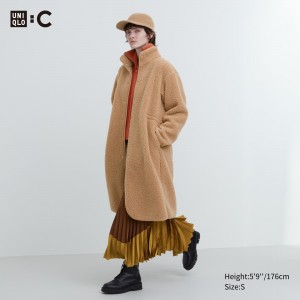 Vestes Uniqlo Pile Lined Fleece Stand Collar Coat Femme Beige | 6541-YFLWB