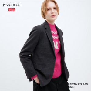 Vestes Uniqlo Single Breasted Checked Jacket Femme Grise Foncé | 6345-MHDOI